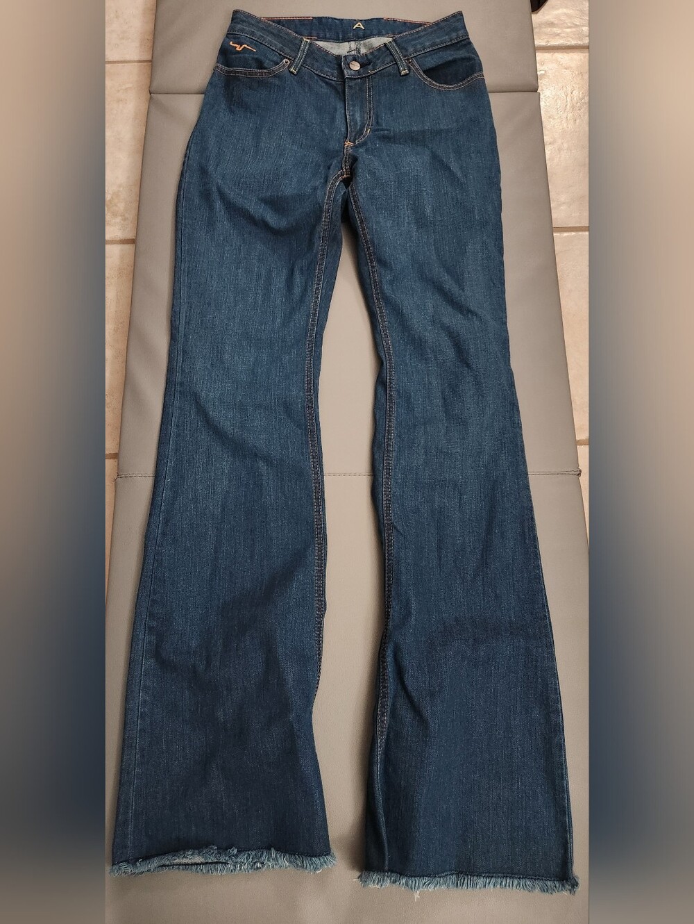 Kimes Ranch Dark Blue Flare Jeans with Frayed Hem
